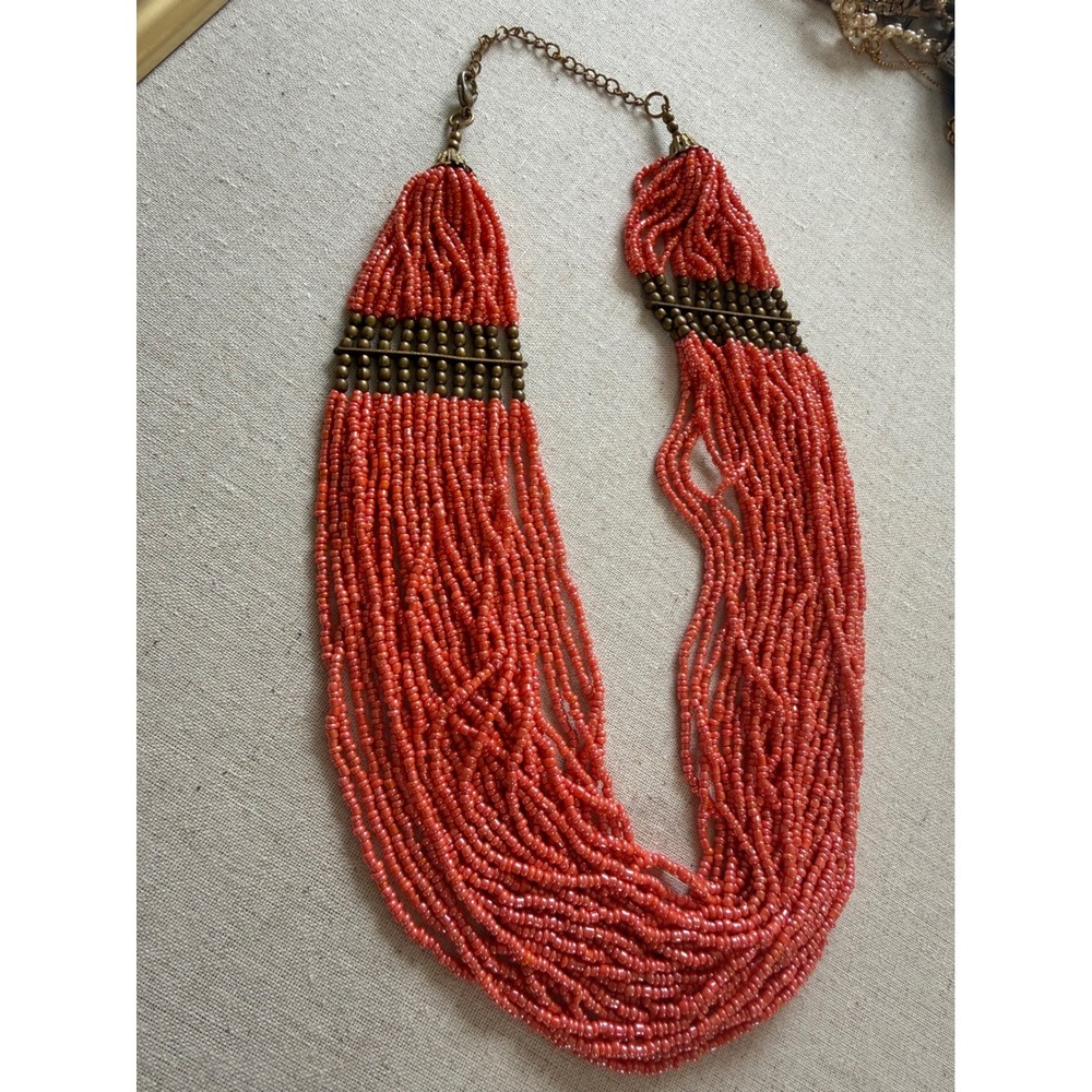 Boho Coral Orange Multi Strand Seed Bead Statement Bib Necklace Brass Tone 20"